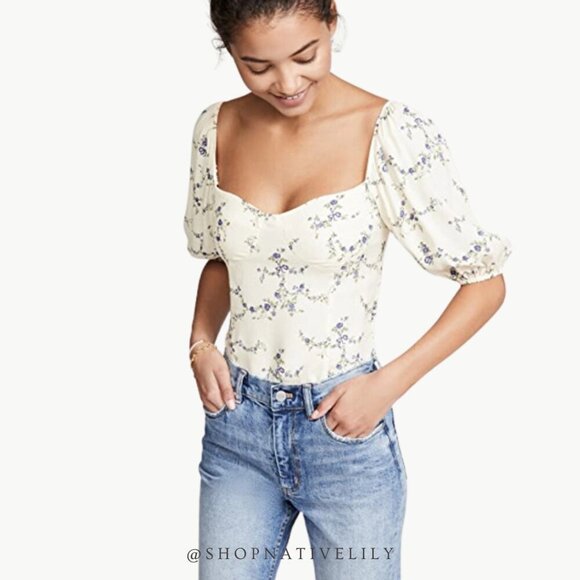 Reformation Tops - NWT Reformation Women's Lua Puff Sleeve Floral Smocked Top Sz 8, Ivory & Blue